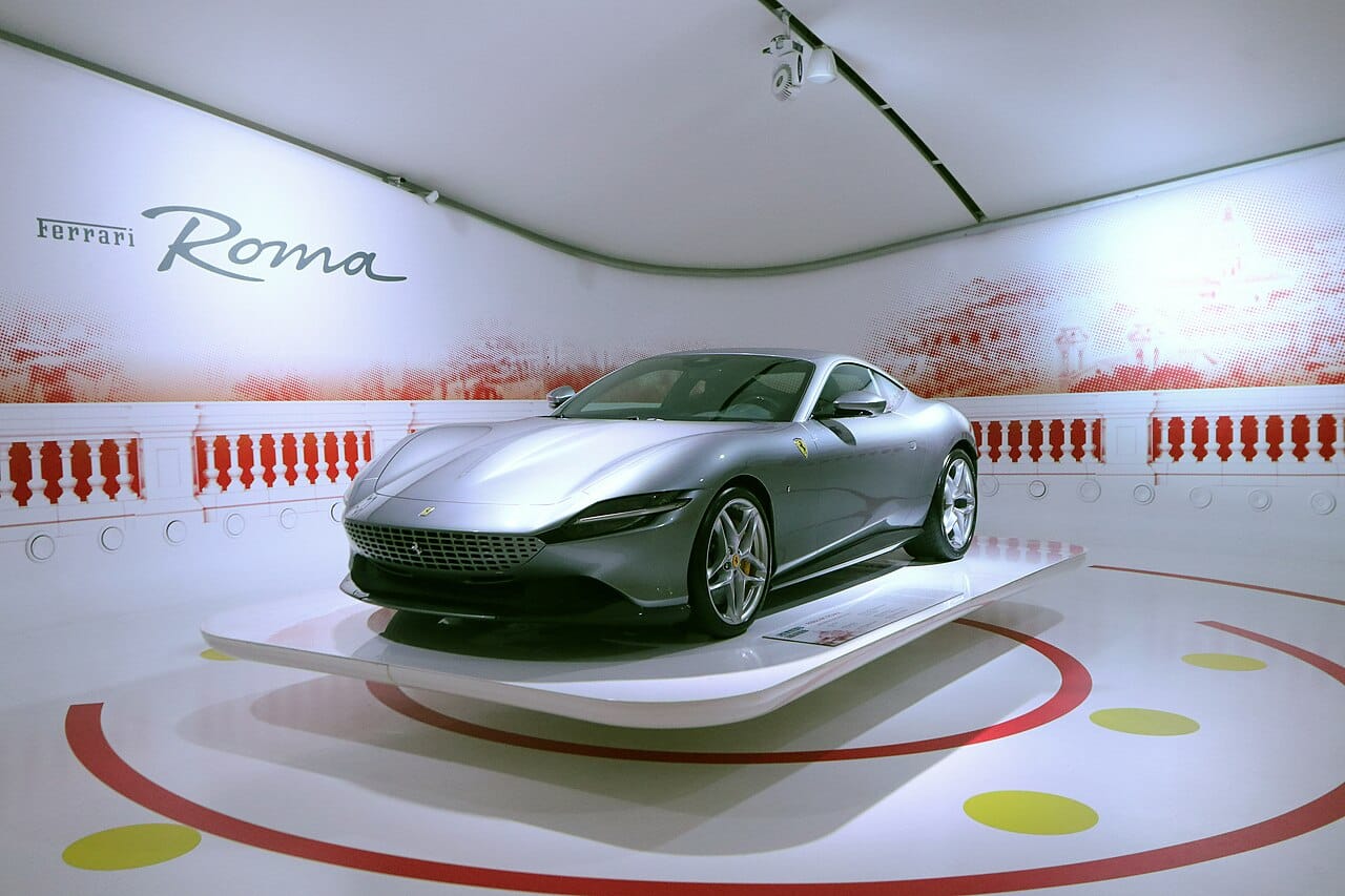 Ferrari Roma luxury grand tourer — exquisite Italian automotive craftsmanship available for purchase with Bitcoin through crypto-accepting dealerships
