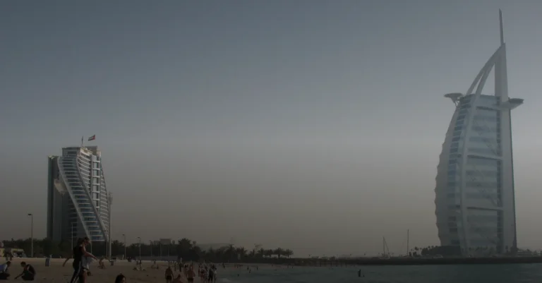 The sail-shaped Burj Al Arab luxury hotel rising above Jumeirah Beach in Dubai